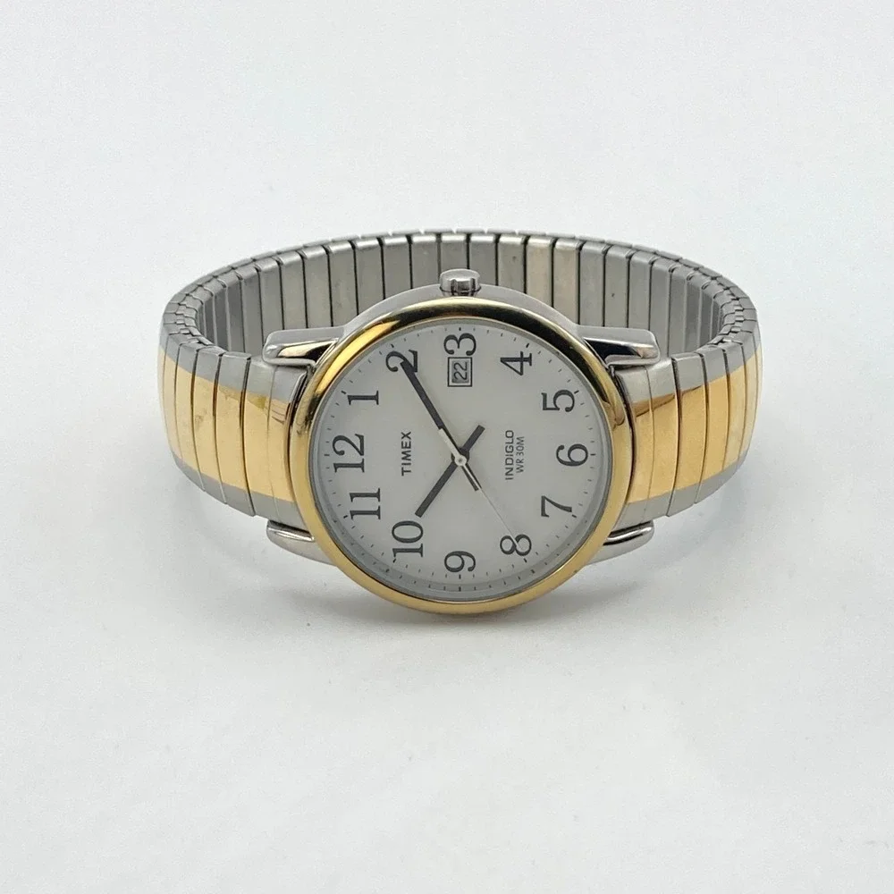 Timex Easy Reader Men's Watch 35mm Silver Gold Tone Indiglo Stretch New Battery